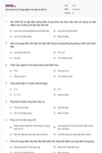 Đề thi Học kì 2 Công nghệ 9 có đáp án (Đề 4)
