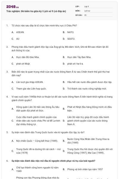 Trắc nghiệm: Đề kiểm tra giữa kỳ I Lịch sử 9 (có đáp án)
