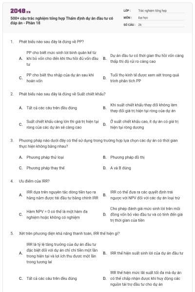 500+ câu trắc nghiệm tổng hợp Thẩm định dự án đầu tư có đáp án - Phần 18