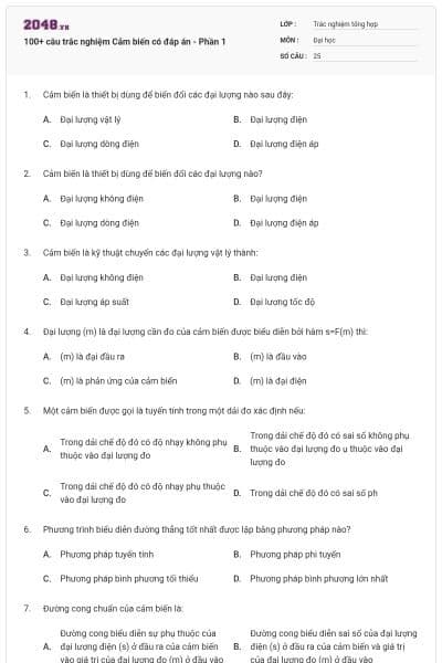 100+ câu trắc nghiệm Cảm biến có đáp án - Phần 1