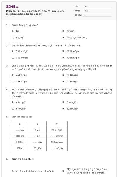 Phiếu bài tập hàng ngày Toán lớp 5 Bài 59. Vận tốc của một chuyển động đều (có đáp án)