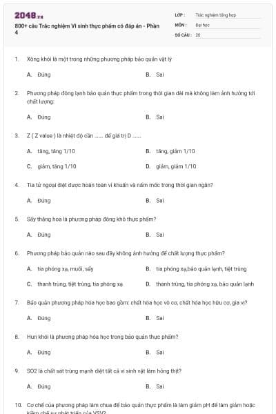 800+ câu Trắc nghiệm Vi sinh thực phẩm có đáp án - Phần 4
