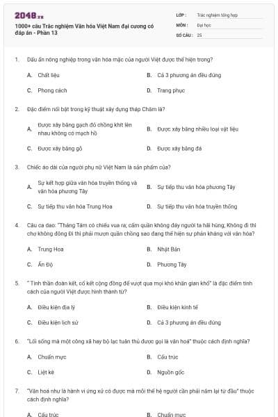 1000+ câu Trắc nghiệm Văn hóa Việt Nam đại cương có đáp án - Phần 13