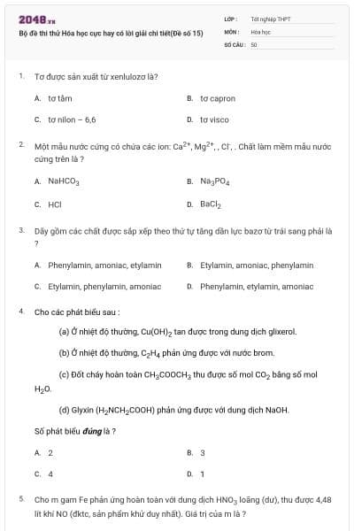 Bộ đề thi thử Hóa học cực hay có lời giải chi tiết(Đề số 15)