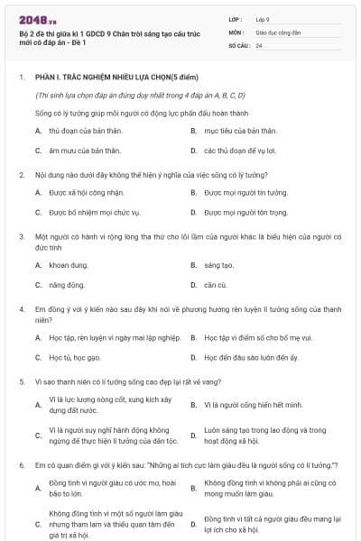 Bộ 2 đề thi giữa kì 1 GDCD 9 Chân trời sáng tạo cấu trúc mới có đáp án - Đề 1