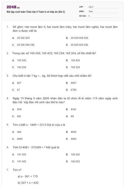 Bài tập cuối tuần Toán lớp 4 Tuần 6 có đáp án (Đề 2)