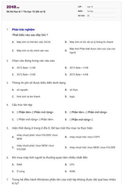 Đề thi Học kì 1 Tin học 10 (Đề số 4)