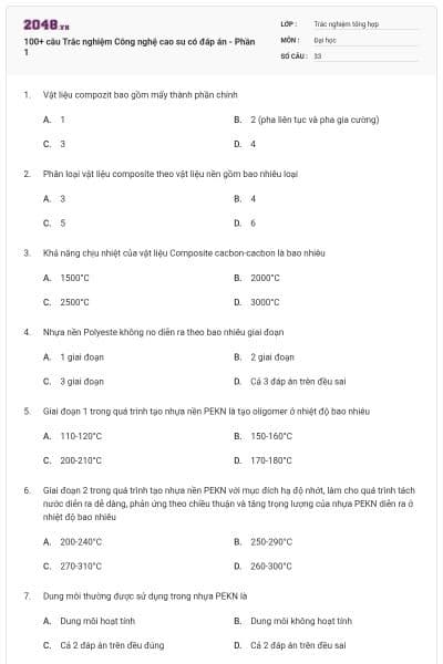 100+ câu Trắc nghiệm Công nghệ cao su có đáp án - Phần 1