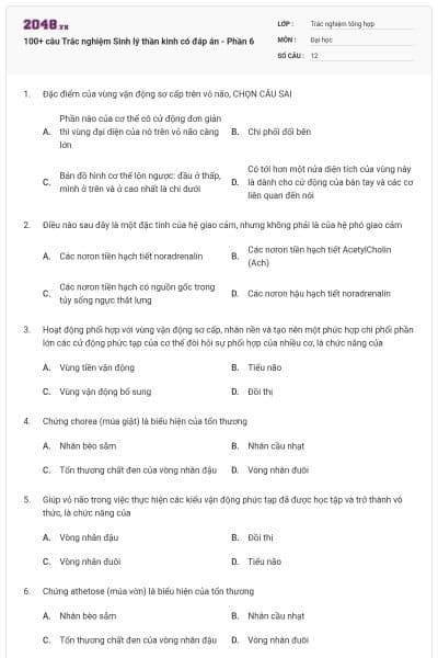 100+ câu Trắc nghiệm Sinh lý thần kinh có đáp án - Phần 6