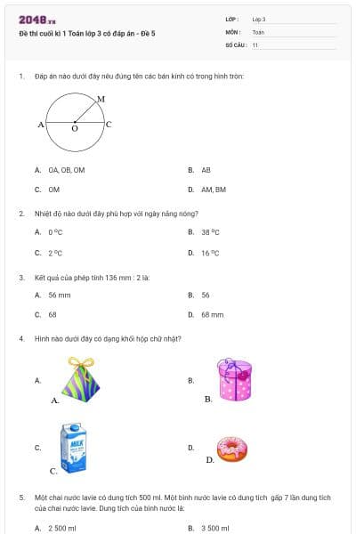 Đề thi cuối kì 1 Toán lớp 3 có đáp án - Đề 5
