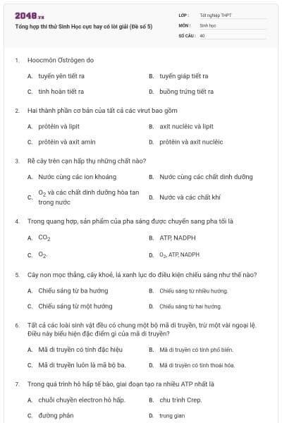 Tổng hợp thi thử Sinh Học cực hay có lời giải (Đề số 5)