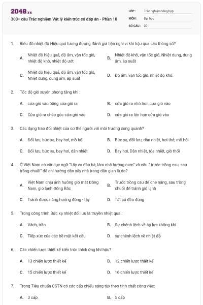 300+ câu Trắc nghiệm Vật lý kiến trúc có đáp án - Phần 10