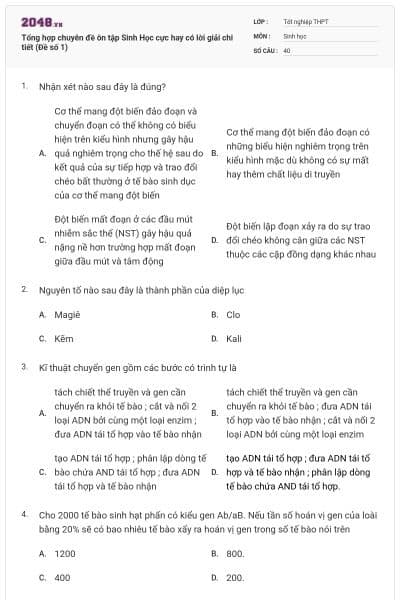Tổng hợp chuyên đề ôn tập Sinh Học cực hay có lời giải chi tiết (Đề số 1)