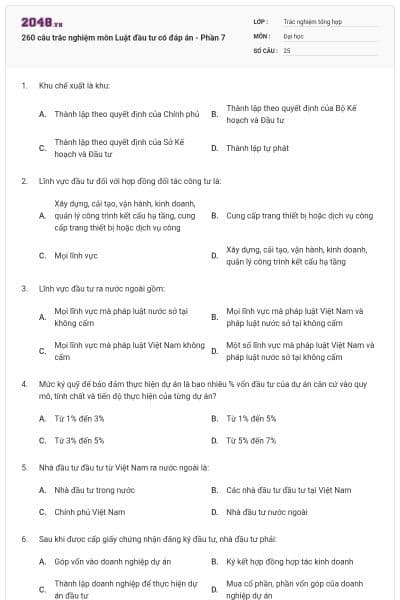 260 câu trắc nghiệm môn Luật đầu tư có đáp án - Phần 7