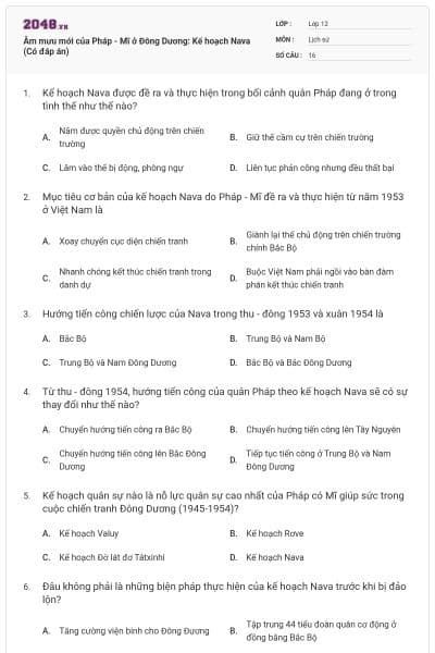 Âm mưu mới của Pháp - Mĩ ở Đông Dương: Kế hoạch Nava (Có đáp án)