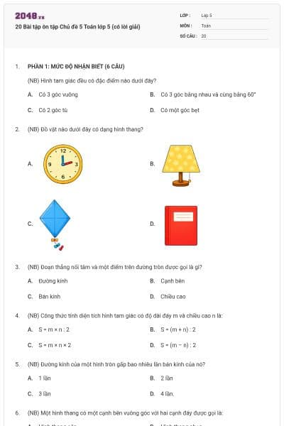 20 Bài tập ôn tập Chủ đề 5 Toán lớp 5 (có lời giải)