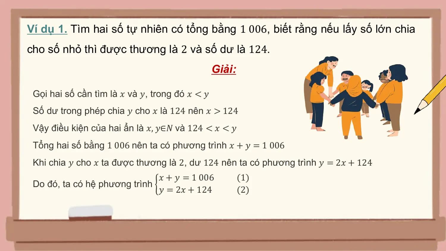 Ví dụ 1. Tìm hai số tự nhiên có tổng bằng 1 006, biết rằng nếu lấy số lớn chia
cho số nhỏ thì được thương là 2 và số dư là 124.
 Giải:

 Gọi hai số cần tìm là 𝑥 và 𝑦, trong đó 𝑥 < 𝑦
 Số dư trong phép chia 𝑦 cho 𝑥 là 124 nên 𝑥 > 124
 Vậy điều kiện của hai ẩn là 𝑥, 𝑦∈𝑁 và 124 < 𝑥 < 𝑦
 Tổng hai số bằng 1 006 nên ta có phương trình 𝑥 + 𝑦 = 1 006
 Khi chia 𝑦 cho 𝑥 ta được thương là 2, dư 124 nên ta có phương trình 𝑦 = 2𝑥 + 124
 𝑥 + 𝑦 = 1 006 (1)
 Do đó, ta có hệ phương trình
 𝑦 = 2𝑥 + 124 (2)