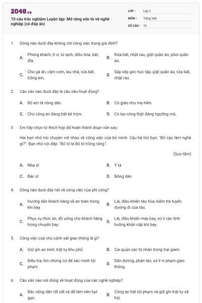 10 câu trắc nghiệm Luyện tập: Mở rộng vốn từ về nghề nghiệp (có đáp án)