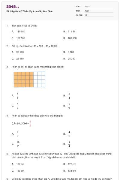 Đề thi giữa kì 2 Toán lớp 4 có đáp án - Đề 4