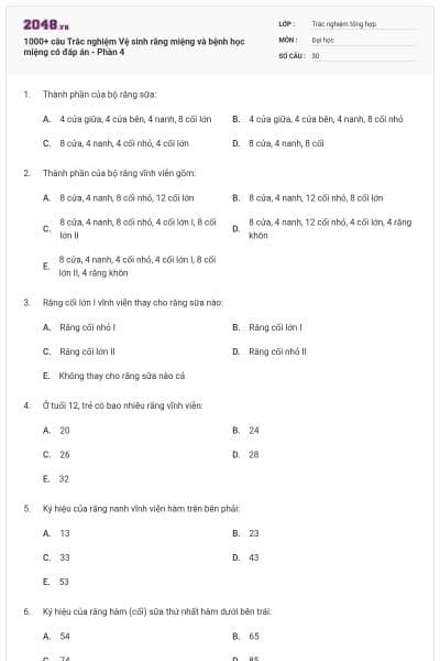 1000+ câu Trắc nghiệm Vệ sinh răng miệng và bệnh học miệng có đáp án - Phần 4