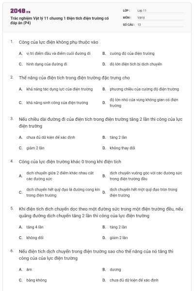 Trắc nghiệm Vật lý 11 chương 1 Điện tích điện trường có đáp án (P4)