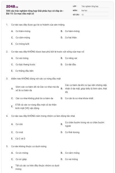 500 câu trắc nghiệm tổng hợp Giải phẫu học có đáp án - Bài 15: Cơ mạc đầu mặt cổ