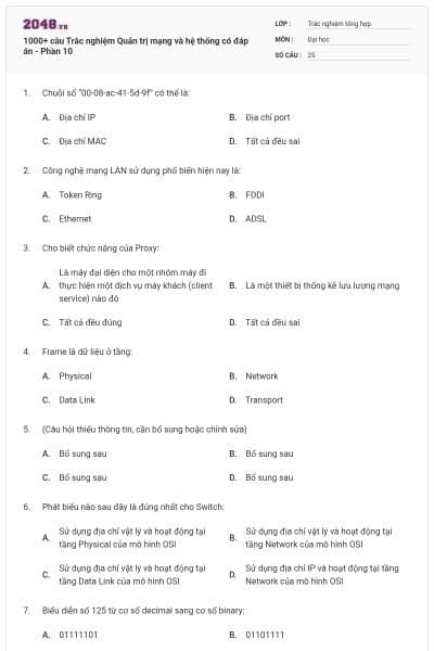1000+ câu Trắc nghiệm Quản trị mạng và hệ thống có đáp án - Phần 10