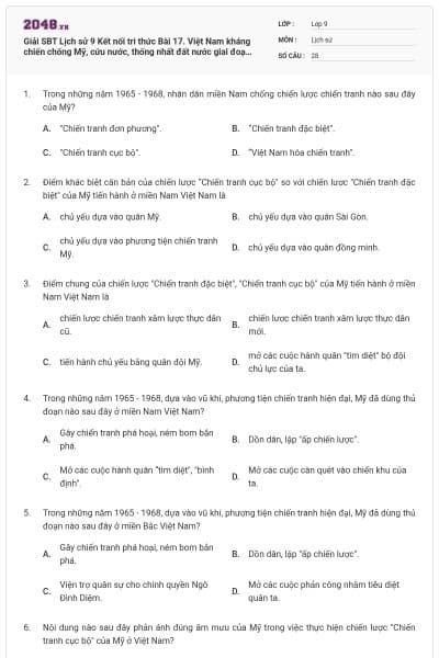Giải SBT Lịch sử 9 Kết nối tri thức Bài 17. Việt Nam kháng chiến chống Mỹ, cứu nước, thống nhất đất nước giai đoạn 1965 - 1975 (có đáp án)