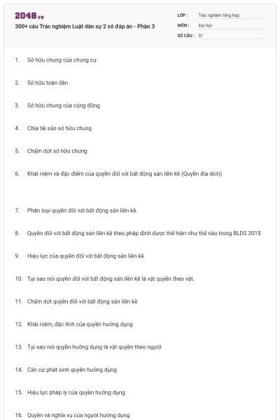 300+ câu Trắc nghiệm Luật dân sự 2 có đáp án - Phần 3