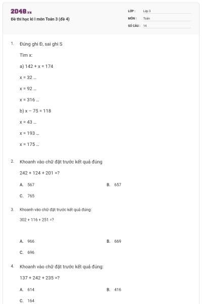 Đề thi học kì I môn Toán 3 (đề 4)