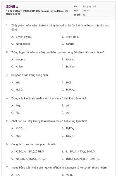 15 Đề thi thử THPTQG 2019 Hóa học cực hay có lời giải chi tiết (đề số 9)