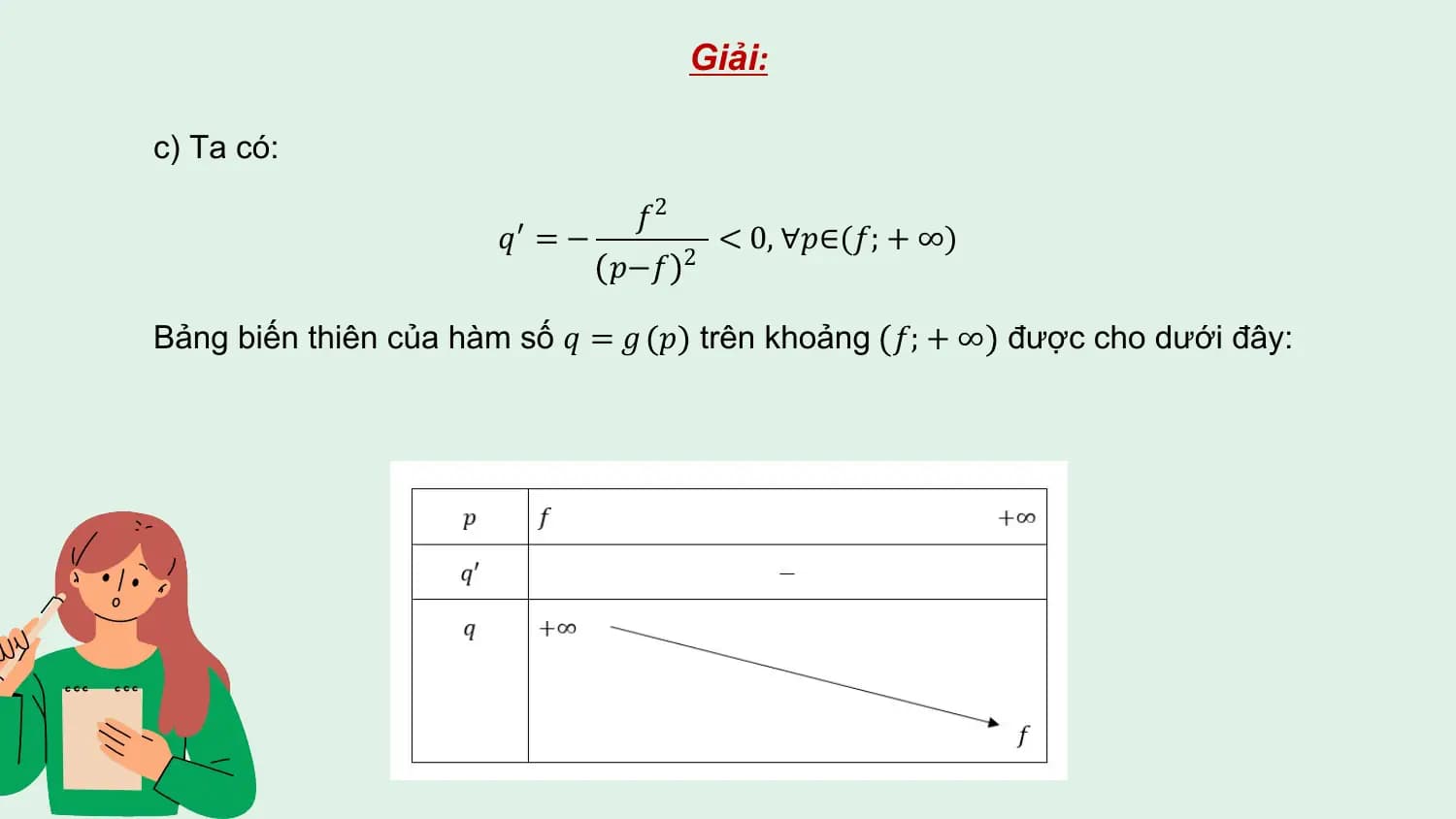 Giải:

c) Ta có:

 𝑓2
 𝑞′ = − < 0, ∀𝑝∈(𝑓; + ∞)
 𝑝−𝑓 2

Bảng biến thiên của hàm số 𝑞 = 𝑔 𝑝 trên khoảng 𝑓; + ∞ được cho dưới đây: