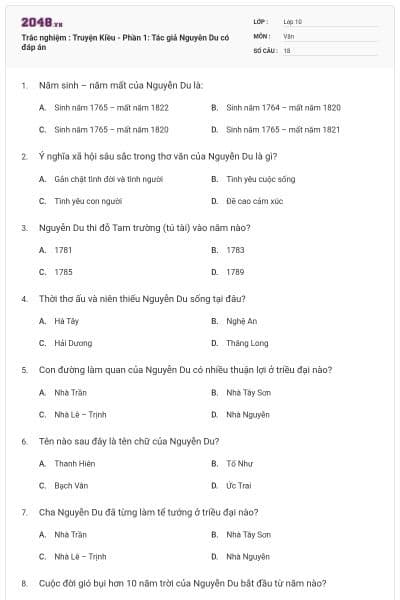 Trắc nghiệm : Truyện Kiều - Phần 1: Tác giả Nguyễn Du có đáp án