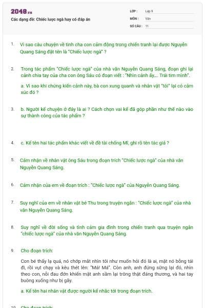 Các dạng đề: Chiếc lược ngà hay có đáp án