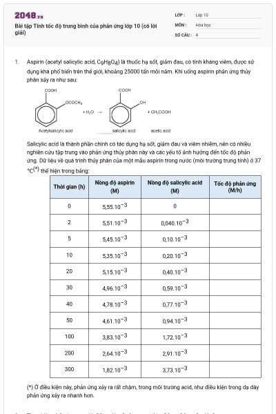 Bài tập Tính tốc độ trung bình của phản ứng lớp 10 (có lời giải)