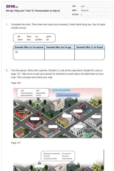 Bài tập Tiếng anh 7 Unit 10. Pronunciation có đáp án