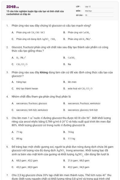 15 câu trắc nghiệm luyện tập cấu tạo và tính chất của cacbohidrat có đáp án