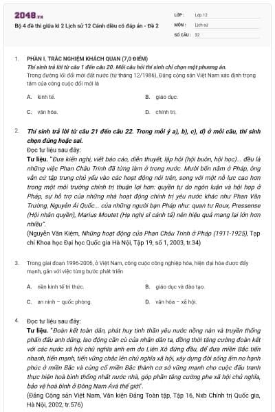Bộ 4 đề thi giữa kì 2 Lịch sử 12 Cánh diều có đáp án - Đề 2