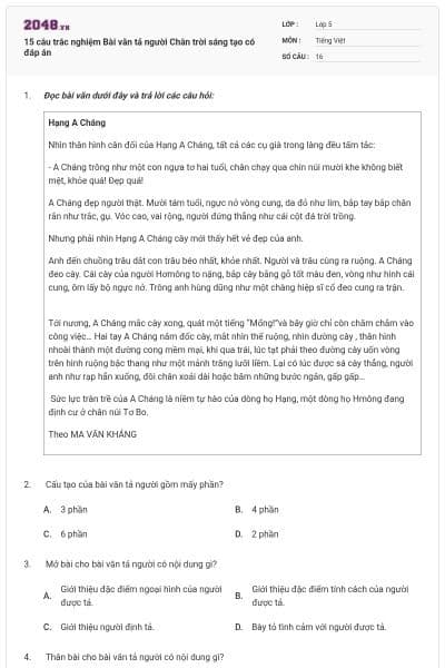 15 câu trắc nghiệm Bài văn tả người Chân trời sáng tạo có đáp án