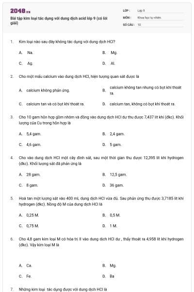 Bài tập kim loại tác dụng với dung dịch acid lớp 9 (có lời giải)
