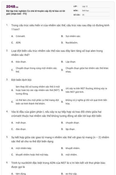 Bài tập trắc nghiệm Cơ chế di truyền cấp độ tế bào có lời giải (nhận biết - P3)