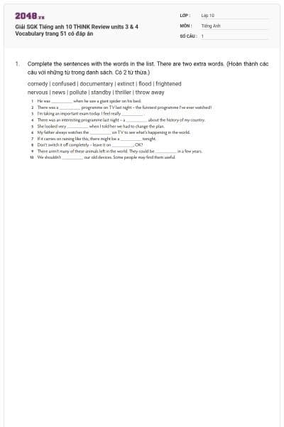 Giải SGK Tiếng anh 10 THiNK Review units 3 & 4 Vocabulary trang 51 có đáp án