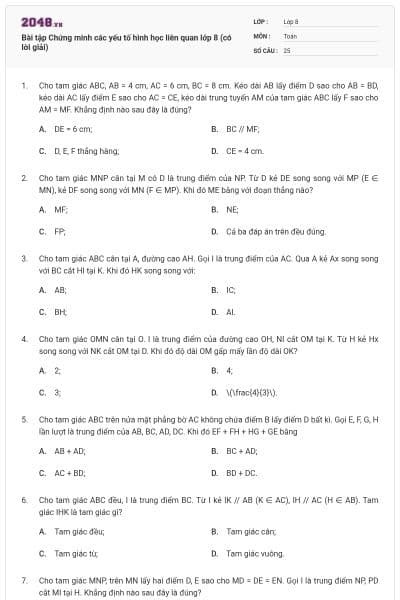 Bài tập Chứng minh các yếu tố hình học liên quan lớp 8 (có lời giải)