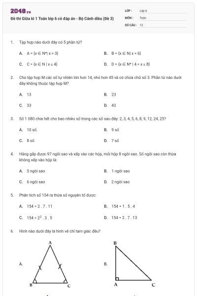 Đề thi Giữa kì 1 Toán lớp 6 có đáp án - Bộ Cánh diều (Đề 3)
