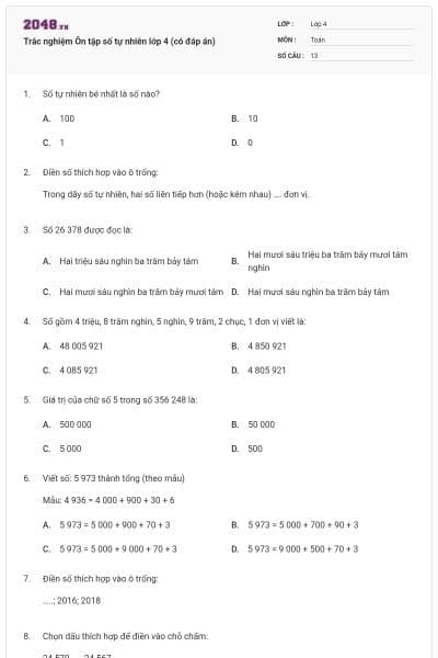 Trắc nghiệm Ôn tập số tự nhiên lớp 4 (có đáp án)