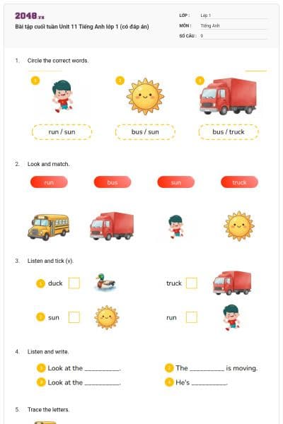Bài tập cuối tuần Unit 11 Tiếng Anh lớp 1 (có đáp án)