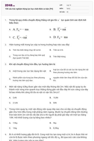 100 câu trắc nghiệm Động lực học chất điểm cơ bản (P4)