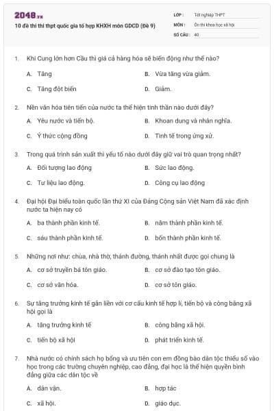 10 đề thi thi thpt quốc gia tổ hợp KHXH môn GDCD (Đề 9)