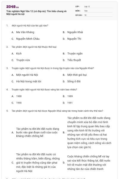 Trắc nghiệm Ngữ Văn 12 (có đáp án): Tìm hiểu chung về Một người hà nội