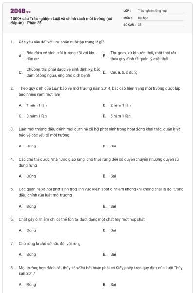 1000+ câu Trắc nghiệm Luật và chính sách môi trường (có đáp án) - Phần 35